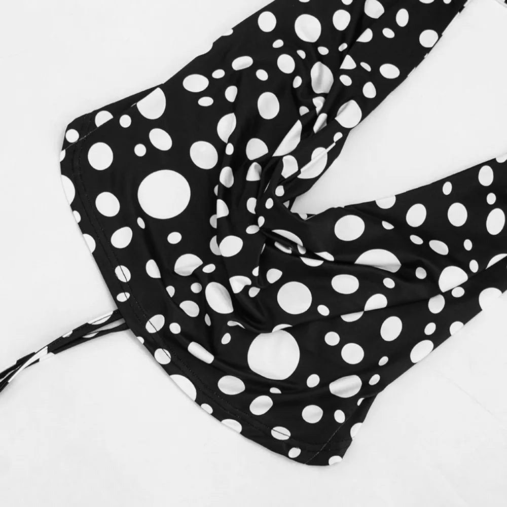 FLARORA Sexy Polka Dot Print 2 Piece Sets Woman Trend Halter V Neck Backless Ruched Tops And Ribbon Shorts Hottie Street Suits