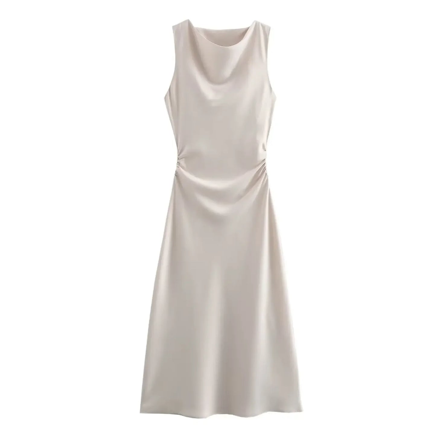 Satin Ruched Pleated Solid Color Sleeveless O-Neck Long Dress