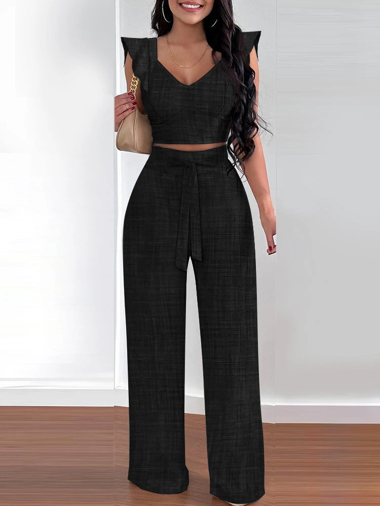 Linen Solid Ruffle Hem Shirred V-Neck Crop Top & High Waist Wide Leg Pants Women's 2-Piece Set