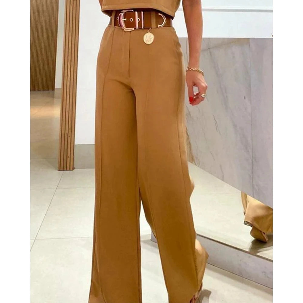 Solid Half Sleeve Crop Blouse & Wide Leg Pants 2-Piece Set