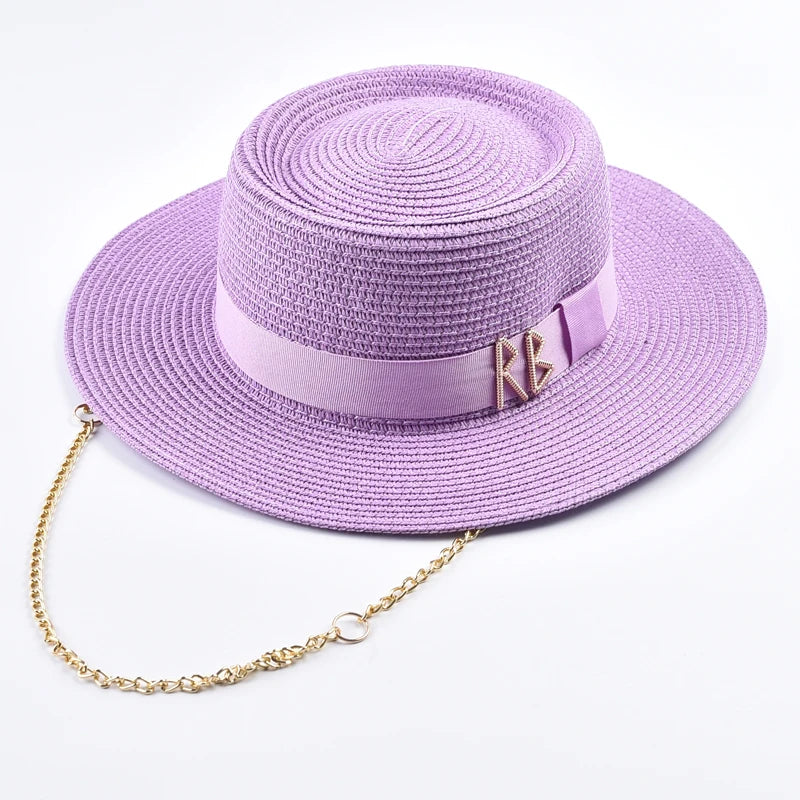 Straw Gold Chain Women's Ribbon Decor Fedora Hat