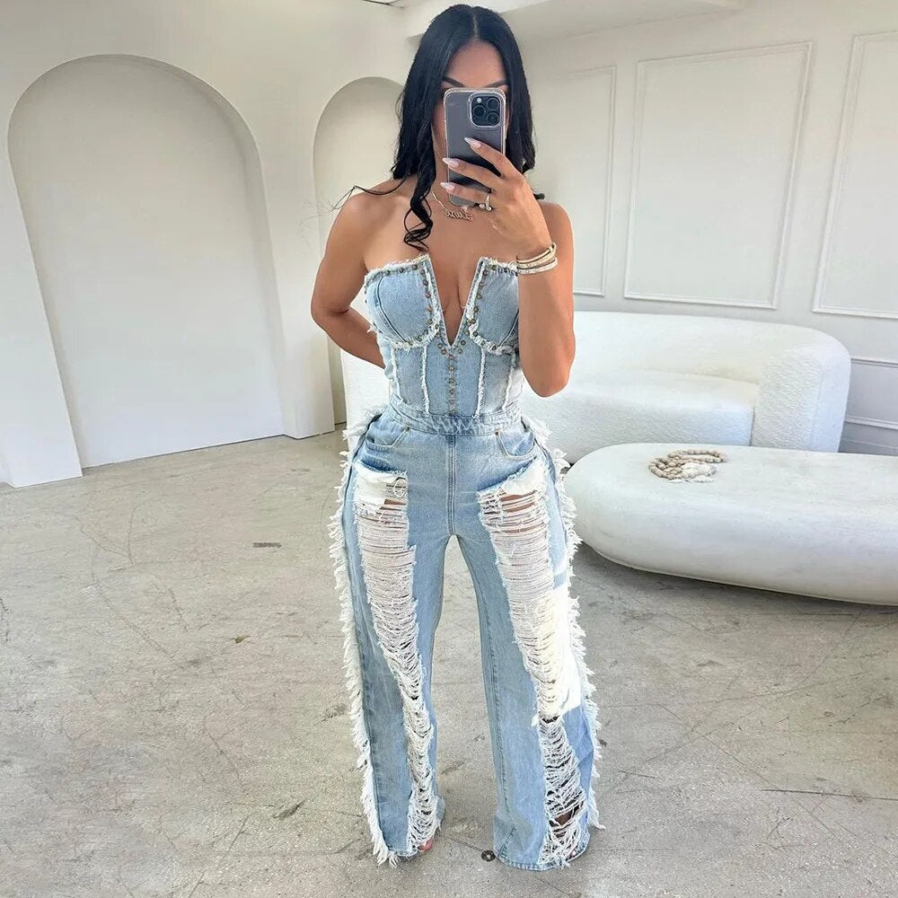 Rivet Tassel Hole Vintage Denim Strapless Tube Sleeveless V-Neck Jumpsuit