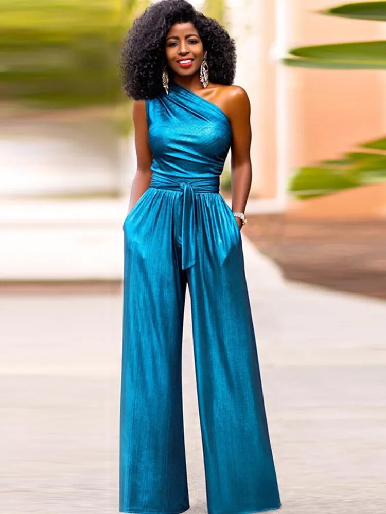 Metallic Asymmetrical Sleeveless One Shoulder Lace-Up Wide Leg Diagonal Collar Jumpsuit