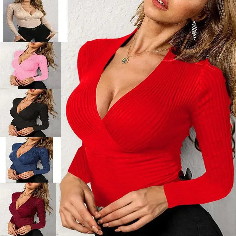 Ribbed Knitted Solid V-Neck Pullover Women's Sweater