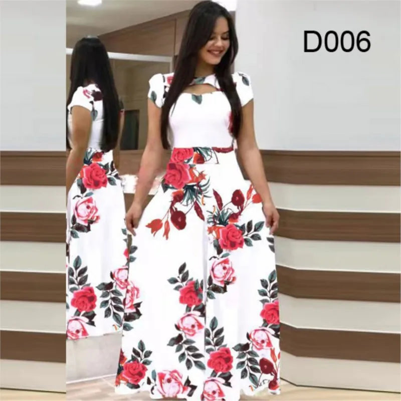 Floral/Polka Dot Print Short Sleeve Hollow-Out Maxi Dress to 5X Plus Size