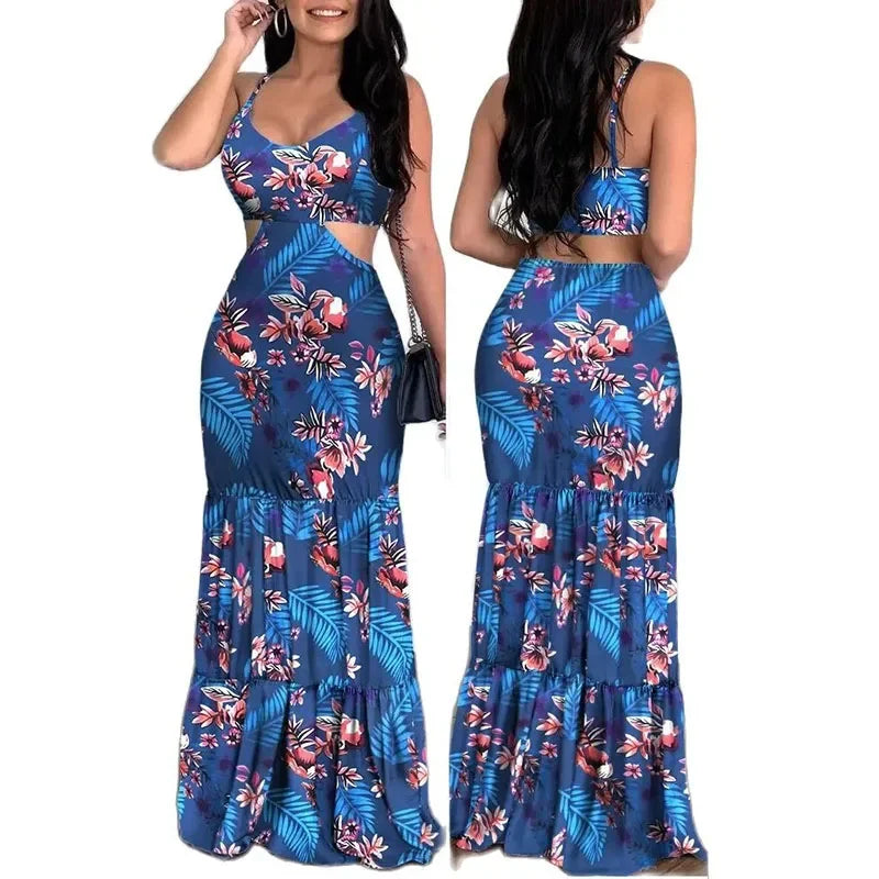 Hawaiian Hollow-Out Floral Backless Bohemian Ruffle Hem Sleeveless Maxi Dress