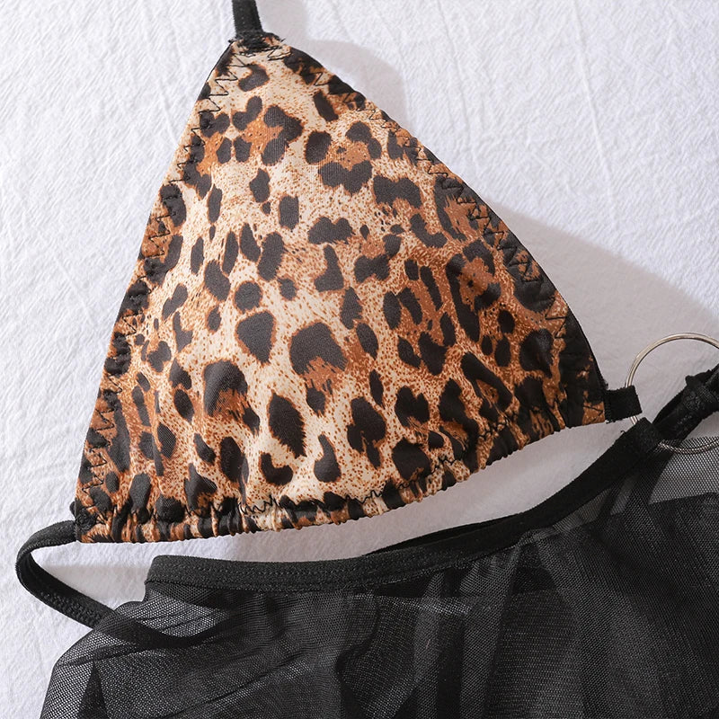 Sexy Leopard Print Mesh Transparent Ruffled Bikini Top, Bikini Bottoms, Tassel Fringe Leggings Women's 3-Piece Swimwear Set