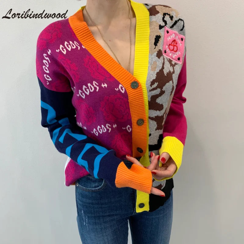 Neon Colorblock Leopard V-Neck Knitted Cardigan Sweater