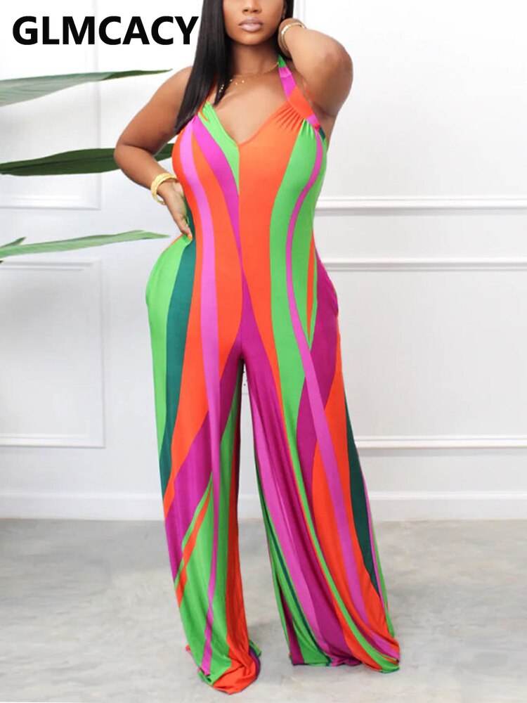 Striped Colorblock Halter Backless Jumpsuit