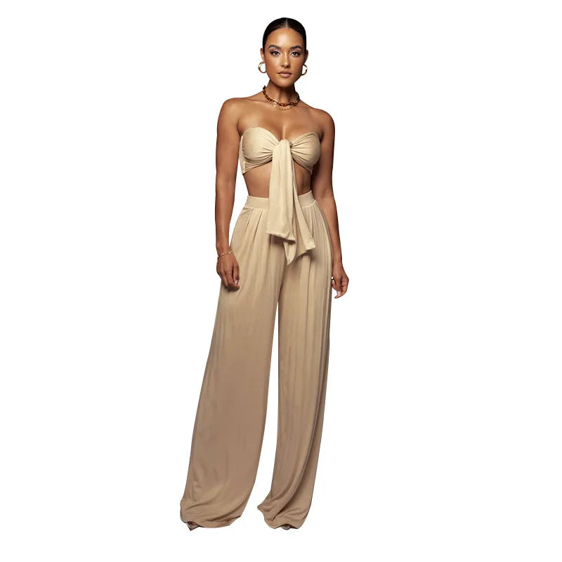 Sleeveless Bowknot Design Tube Top+ Wide Leg Pants Women's Solid Color 2-Piece Set