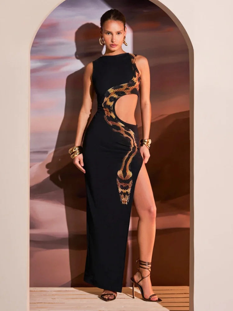 Fashion Black Snake Printed Hollow Out Long Dress Women Sexy O Neck Sleeveless High Split Slim Robes 2024 Lady Party Night Gowns