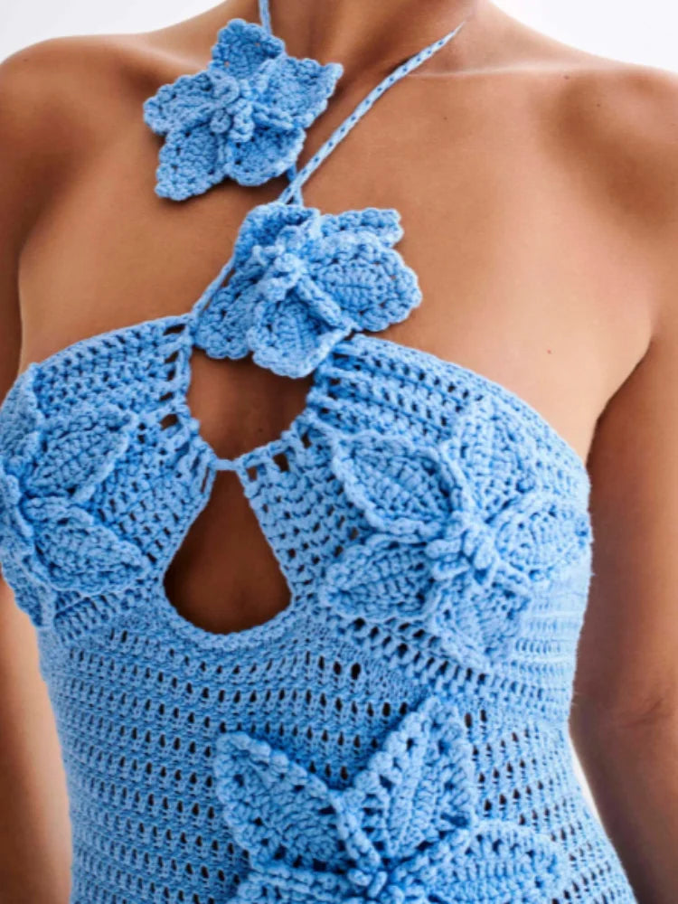 Crochet Sleeveless Knitted Flower/Star Design Spaghetti Strap Hollow-Out Halter Maxi Sweater Dress