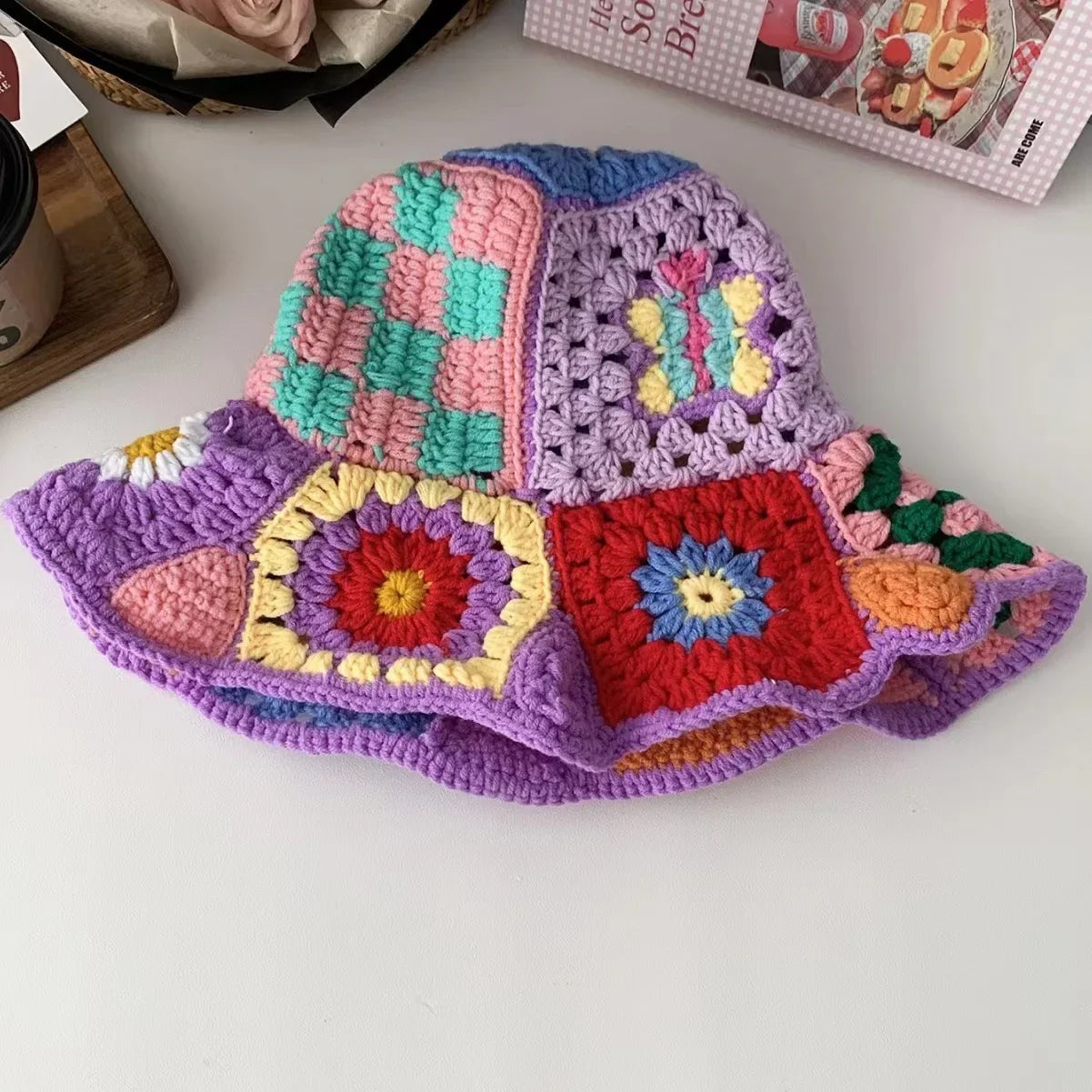 Handmade Knitted Crochet Large Brim Patchwork Flower Design Yarn Hook Needle Fisherman's Bucket Hat