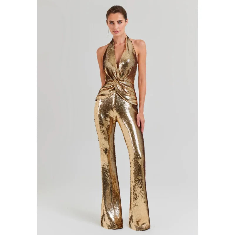 Metallic Mirror Gold Sequin Flared Pant Halter Blackless Stage Performance Formal Jumpsuit