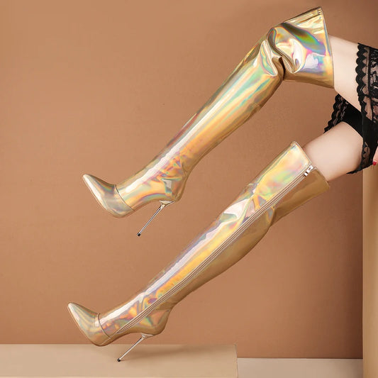 Patent Leather Solid Color Over-the-Knee Stiletto Metal Heel Embellished Zipper Boots