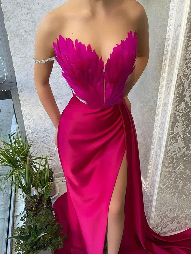 Angel Feather Detail Designer Solid Women's Off-the-Shoulder Party/Prom/Bridal Evening Gown Floor-Length Dress