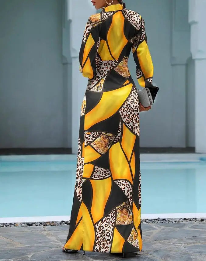 Yellow/Black Cheetah Colorblock Geometric Printed High Slit Skinny Maxi Shirt Dress