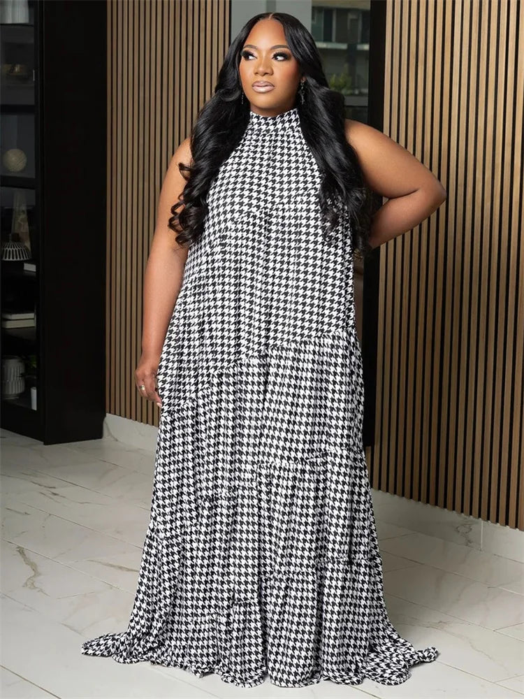 Ruffled Loose Oversized Colorblock Striped/Plaid/Flower Print Sleeveless O-Neck Bandage Maxi Dress to 5X Plus Size