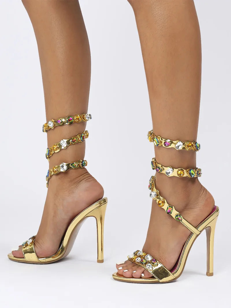 Rhinestone Crystal Embellished Spiral Band Stiletto Heel Gladiator Open Toe Sandal Pumps