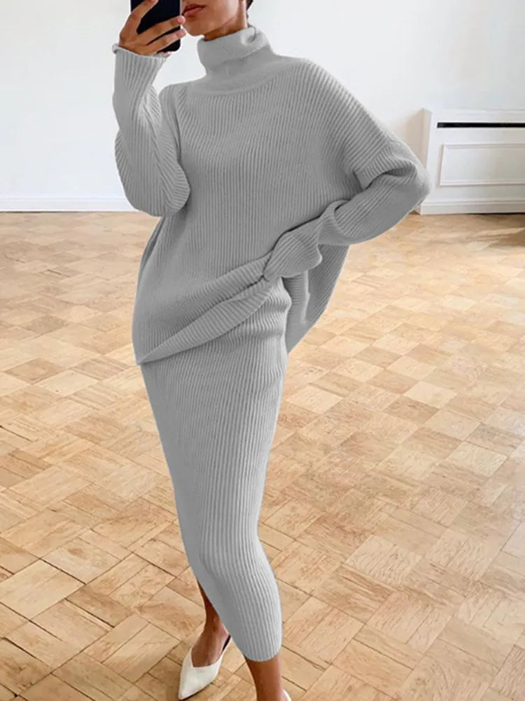 Turtleneck Pullover Ladies Sweater + Knitted Matching Midi Skirt 2-Piece Sweater Set to 5X Plus Size