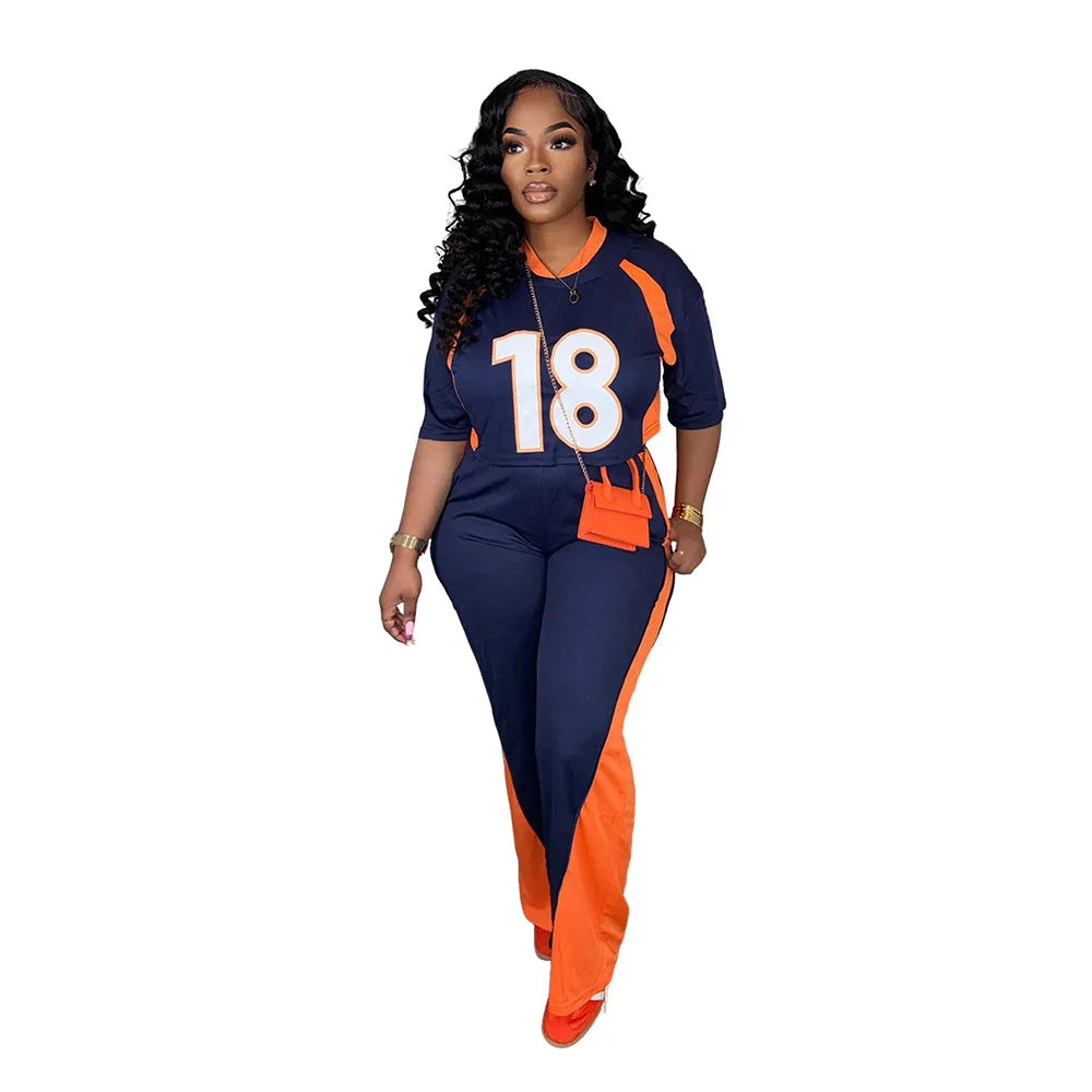 Blue/Orange Women's Number Print Short Sleeve O-Neck Jersey Top + Colorblock Wide Leg Pants 2-Piece Sets