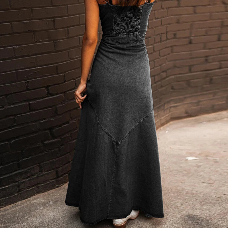 Vintage Denim Button-Up Single Breasted High Slit Sleeveless Halter Strap Cowgirl Maxi Jean Dress