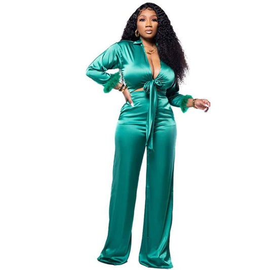 Silky Satin Feather Design Long Sleeve Lace Up Cropped Blouse + Wide Leg Pants 2-Piece Set