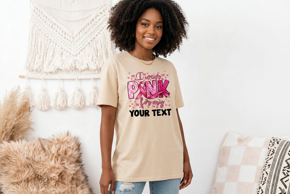 Customized Name "I Wear Pink For My Mom" Short Sleeve Women's Personalized Ribbon 3D Print Breast Cancer Awareness T-Shirt to 3X Plus Size