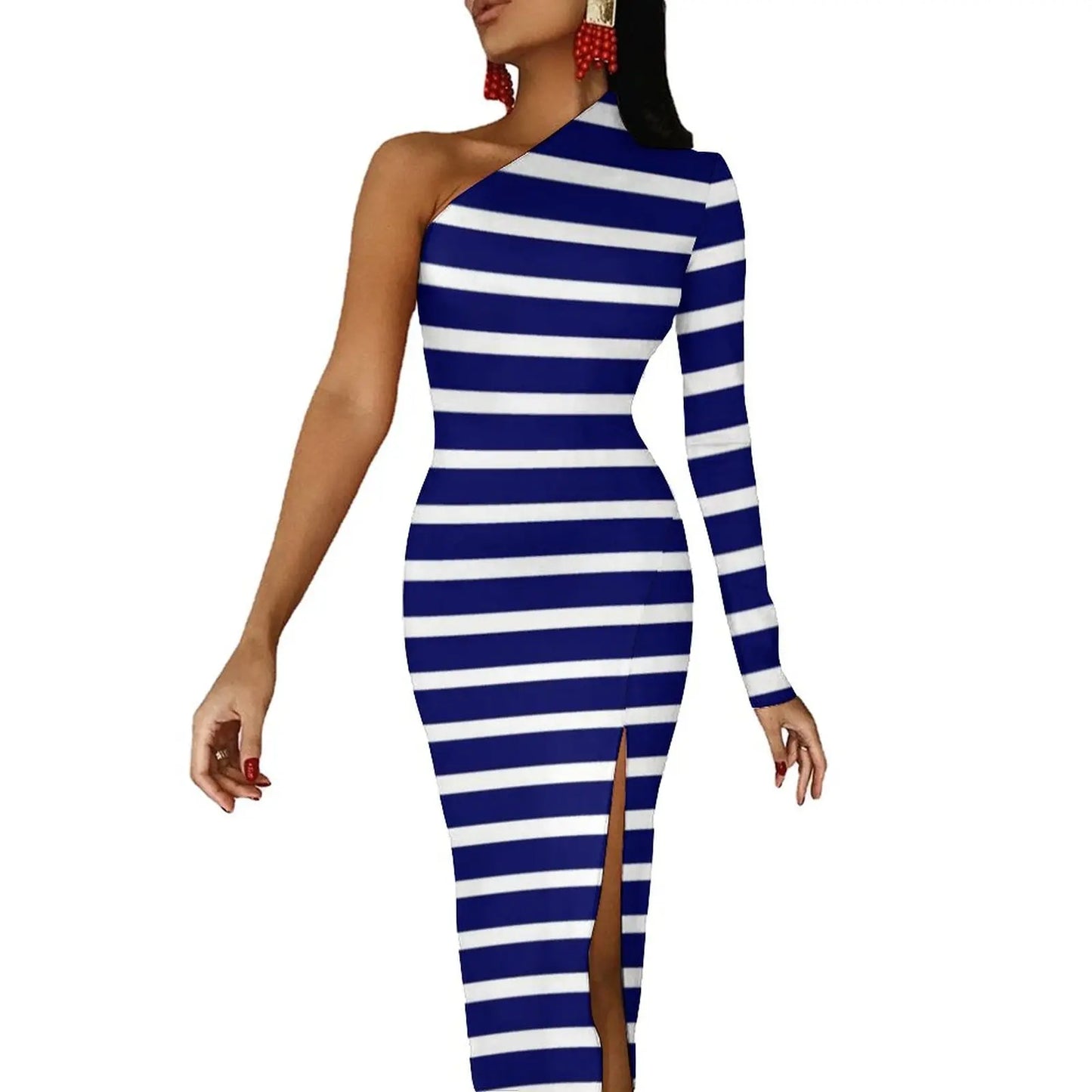 Striped/Rainbow Striped/American Flag Print One Sleeve Asymmetrical Bodycon Midi Dresses
