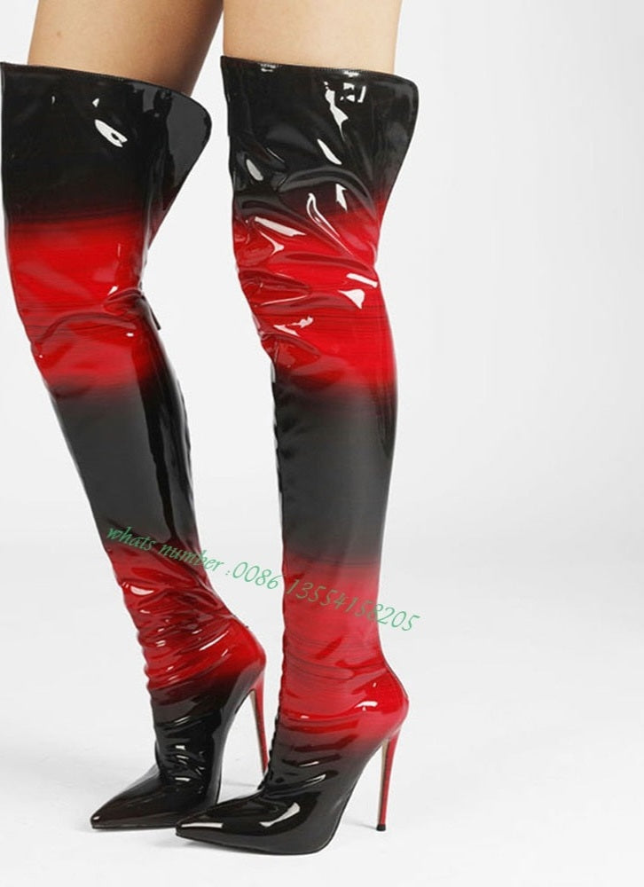 Black/Red Gradient Over The Knee Boots Glossy Pointed Toe Stiletto Heels Back Zipper Women's Boots