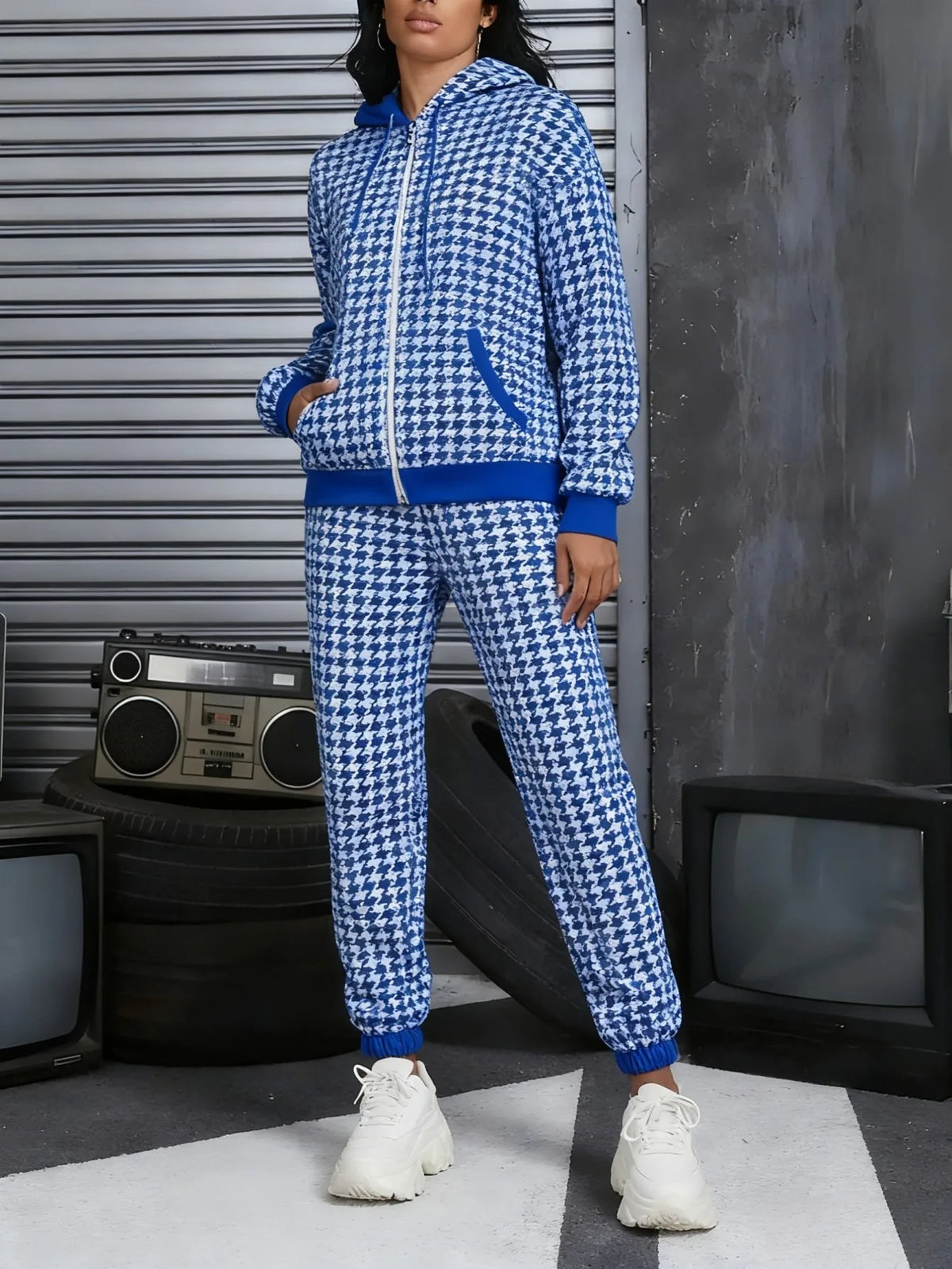 Drawstring Plaid Checker Colorblock/Houndstooth Print Women's Zipper Hoodie Jacket + Sweatpants Tracksuit