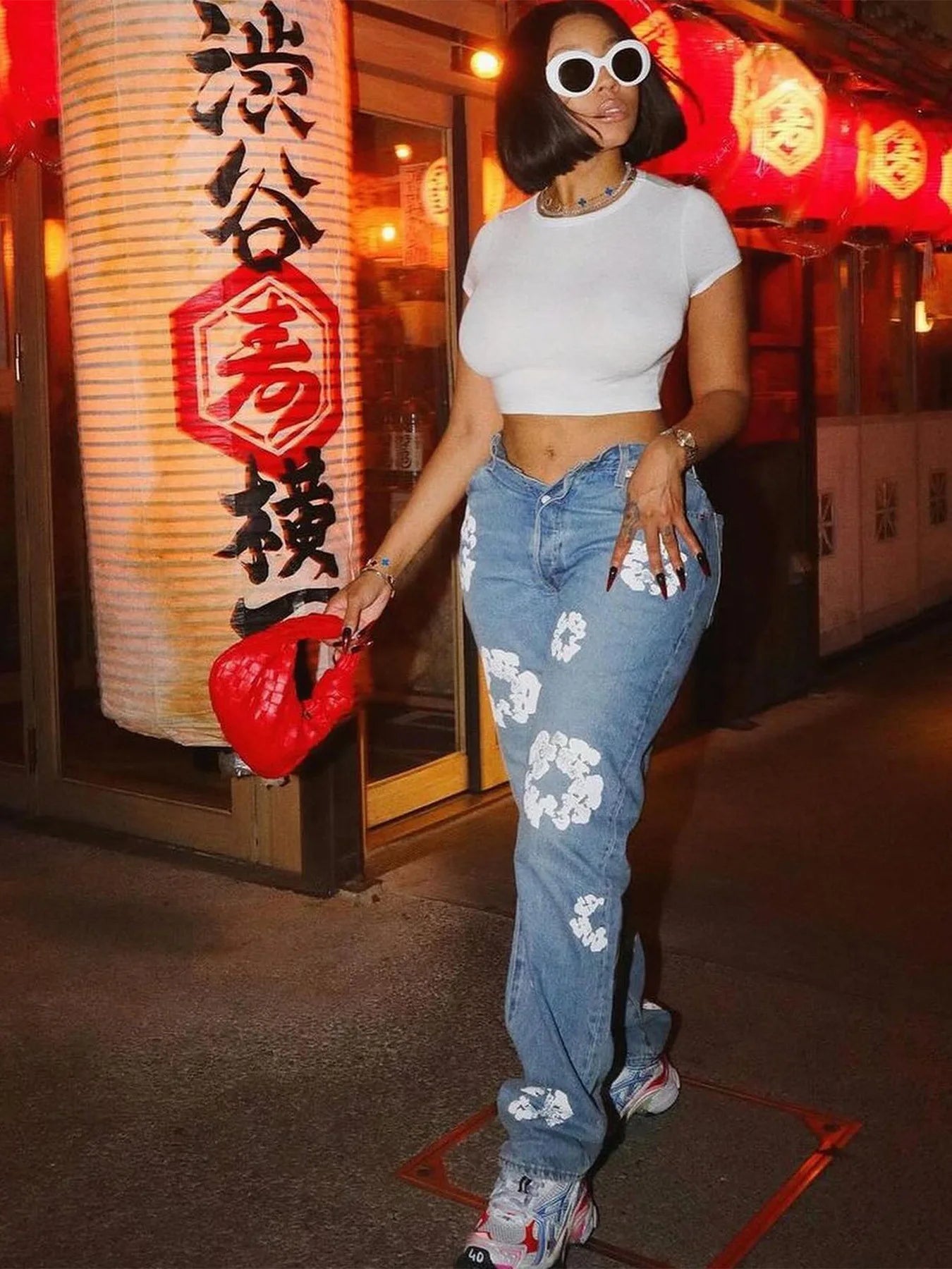 Denim Big White Flower Print Women's High Waist Streetwear Jeans