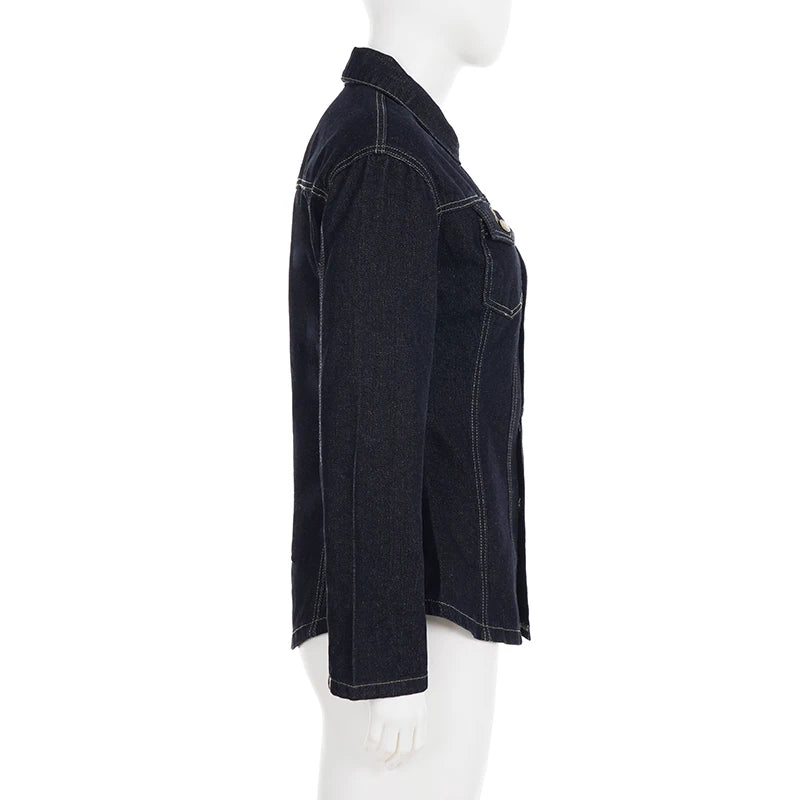 Denim Dark Blue Gold Button Detail Long Sleeve Turn-Down Collar Solid Color Women's Jean Jacket