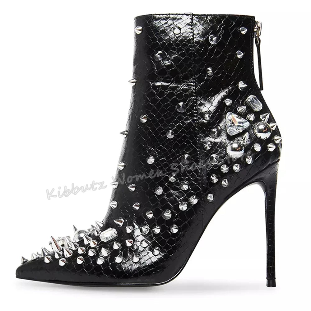 Stud Spiked Crystal Rivet Embellished Zipper Back Pointed Toe Thin Heel Women's Ankle Boots