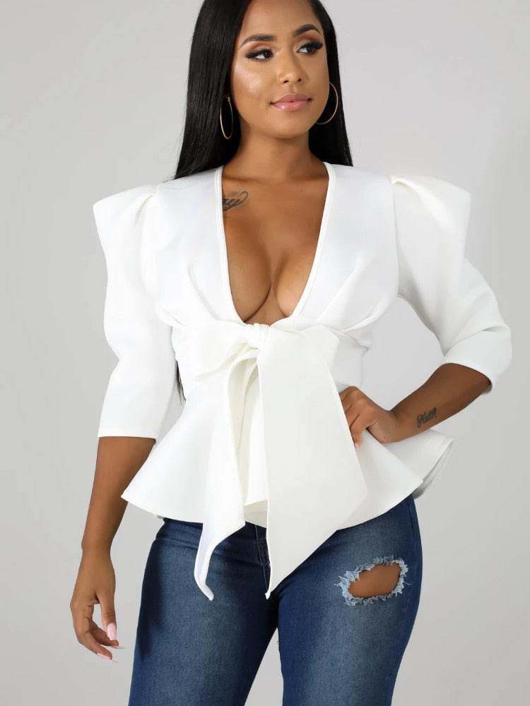 Peplum Bowtie Half Sleeve Deep V-Neck Blouse