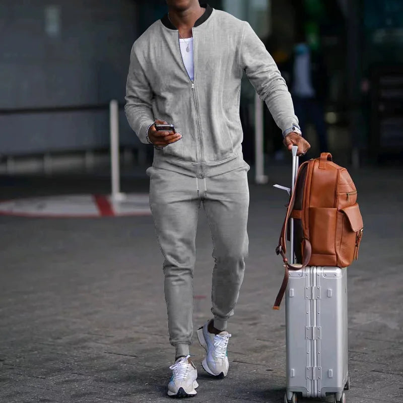 Men's O-Neck Colorblock Bomber Sweat Jacket + Drawstring Jogger Sweatpants Tracksuit