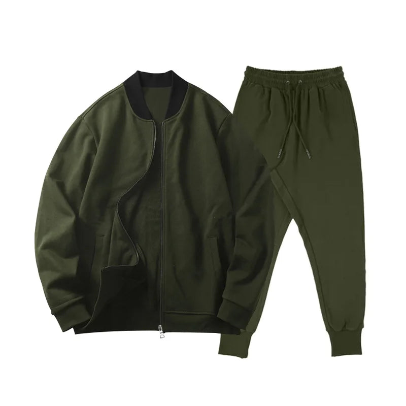 Men's O-Neck Colorblock Bomber Sweat Jacket + Drawstring Jogger Sweatpants Tracksuit