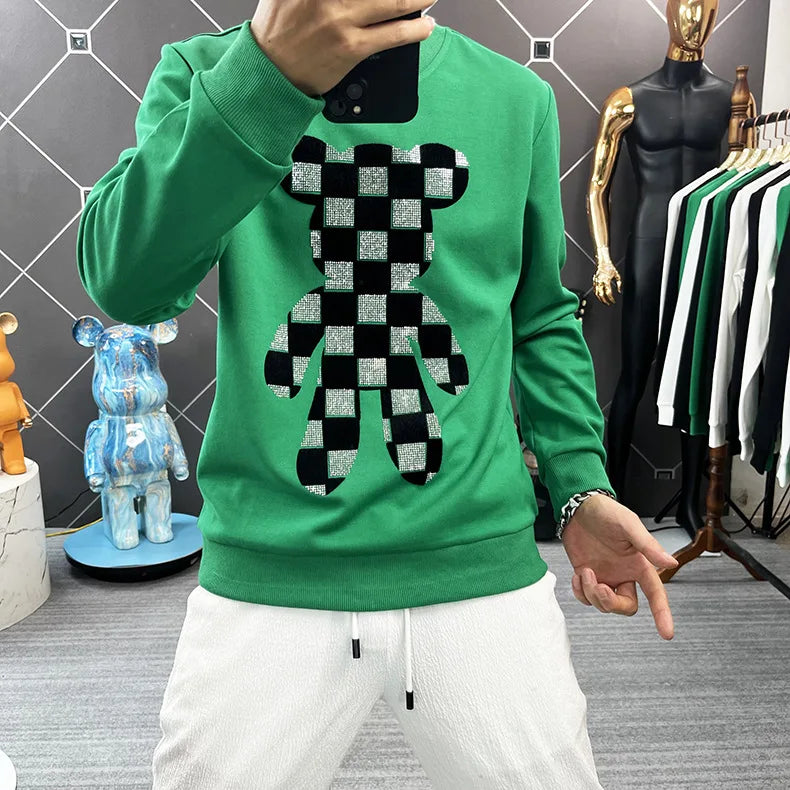 Men's O-Neck Rhinestone Checkered Teddy Bear Streetwear Sweatshirt