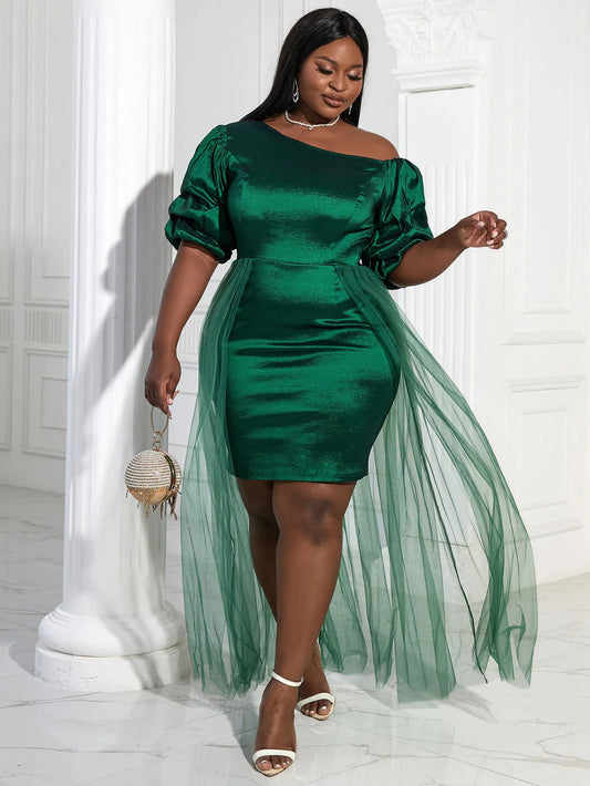 Satin Green One Shoulder Puff Sleeve Mesh Train Patchwork Pleated Formal Midi Dress to 4X