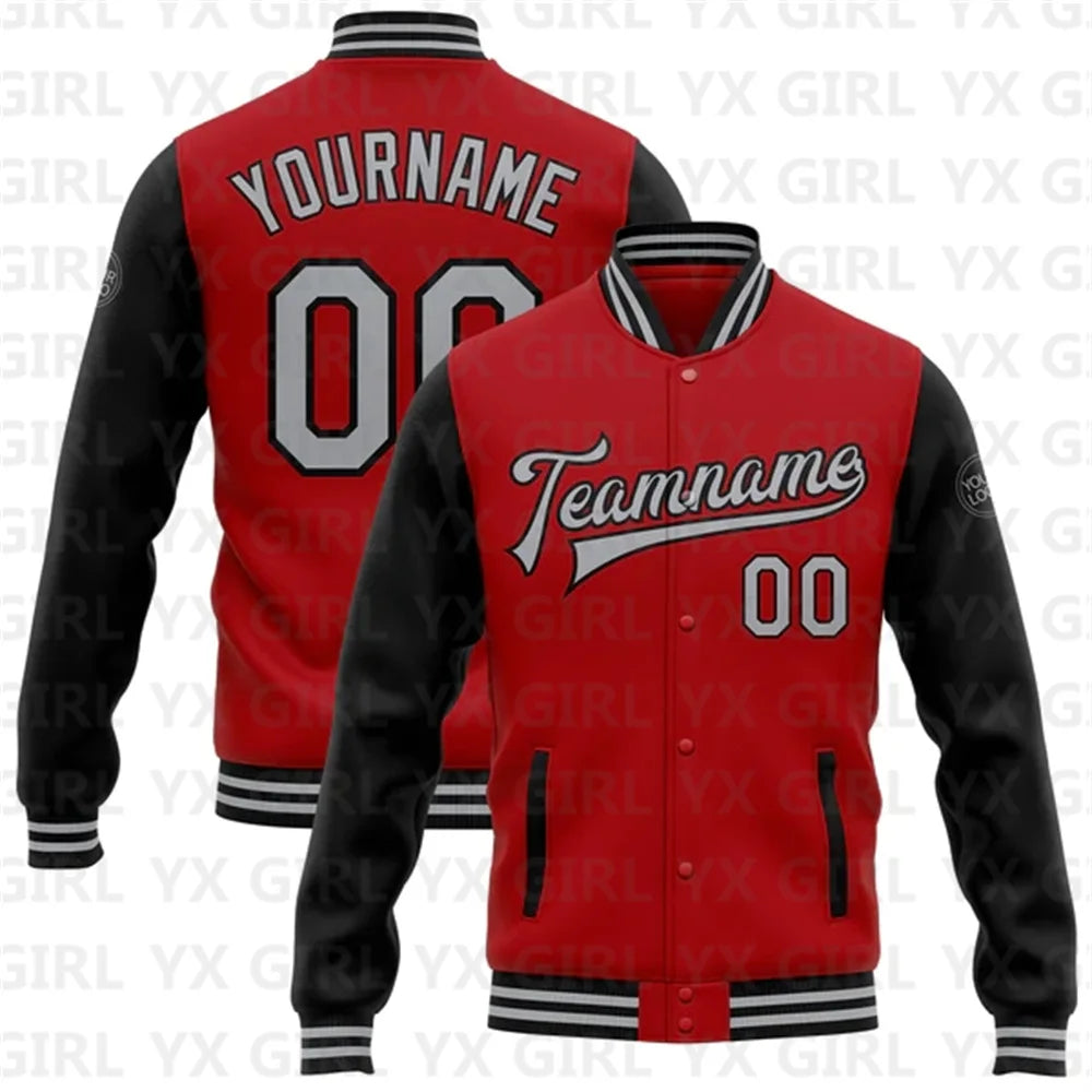 Customized Unisex Red Black-White Personalized Name Letter Print/Team Name 3D Print Full-Snap Varsity Letterman's 2-Tone Baseball Button-Up Bomber Jacket