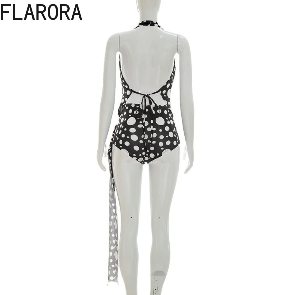 FLARORA Sexy Polka Dot Print 2 Piece Sets Woman Trend Halter V Neck Backless Ruched Tops And Ribbon Shorts Hottie Street Suits