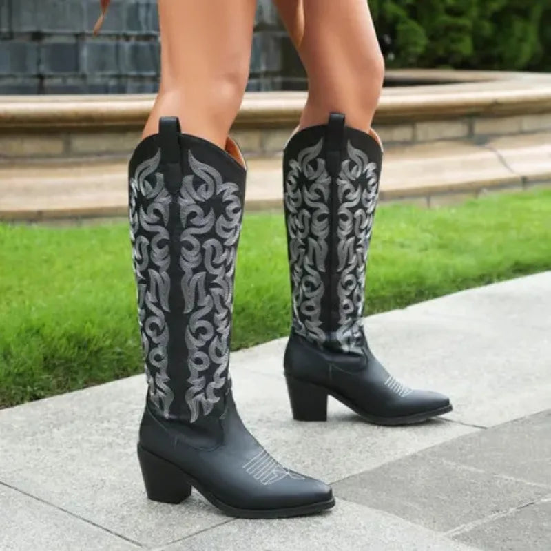 Vintage Embroidered Chunky Heel Western Women's Knee High Cowgirl Rodeo Boots