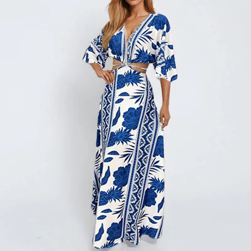 Deep V-Neck Geometric/Striped/Floral Hollow-Out Print Loose Beach Vintage Short Sleeve Maxi Dress to 3X Plus Size