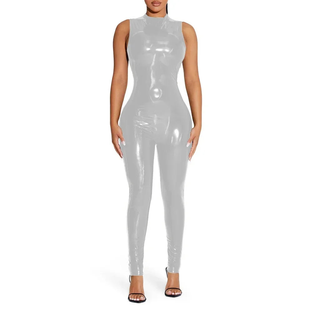 Shiny Solid Color Sleeveless PVC PU Leather Women's Pants Jumpsuit