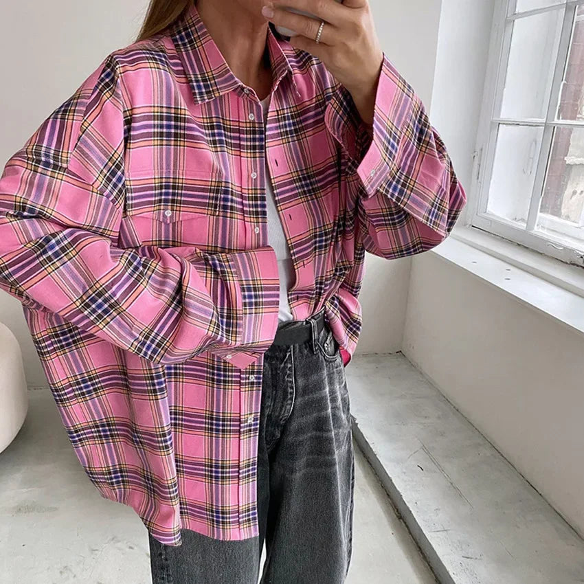 Pink Plaid Women's Streetwear Turn-Down Collar Long Sleeve Single-Breasted Oversized Blouse