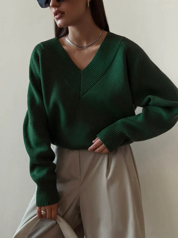 Vintage Oversized Knitted V-Neck Jumper Long Sleeve Women's Sweaters