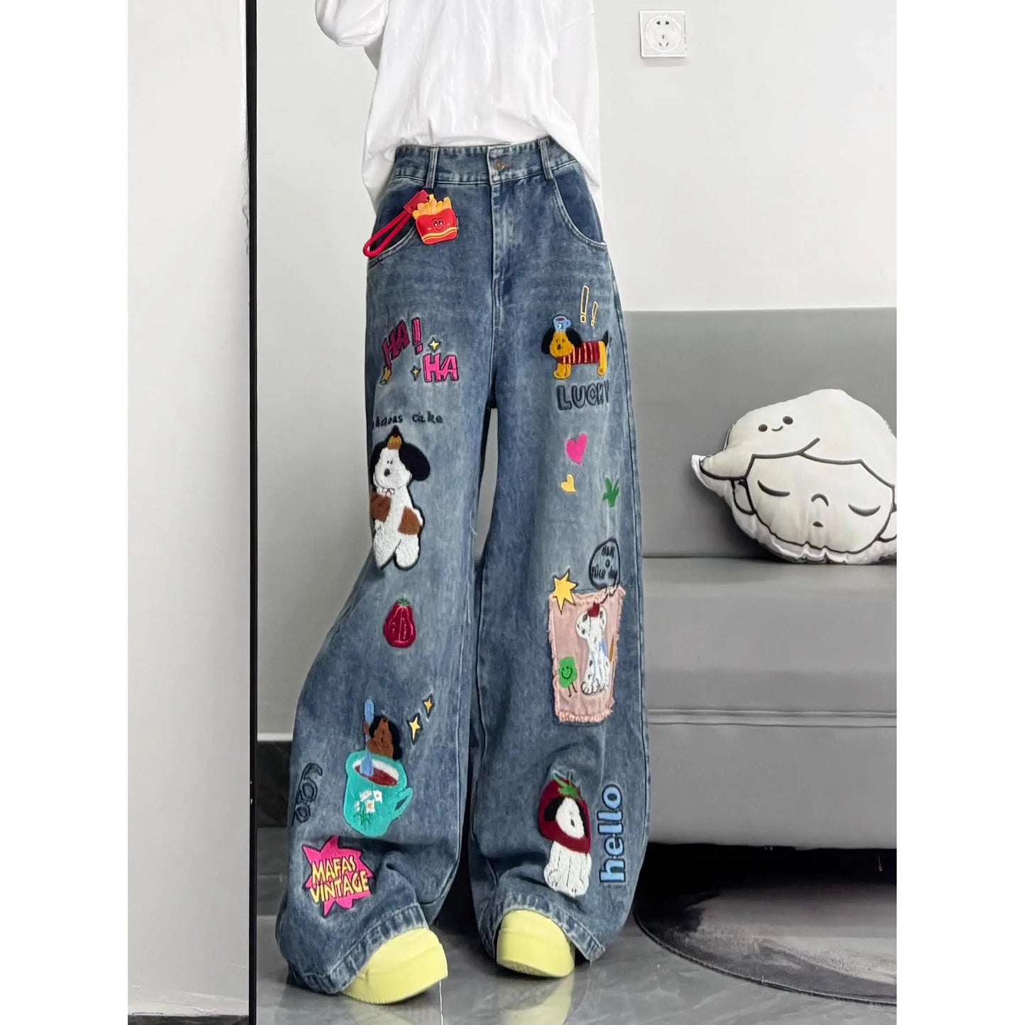 Cartoon Embroidered Hip-Hop Streetwear Women's Wide Leg Jeans