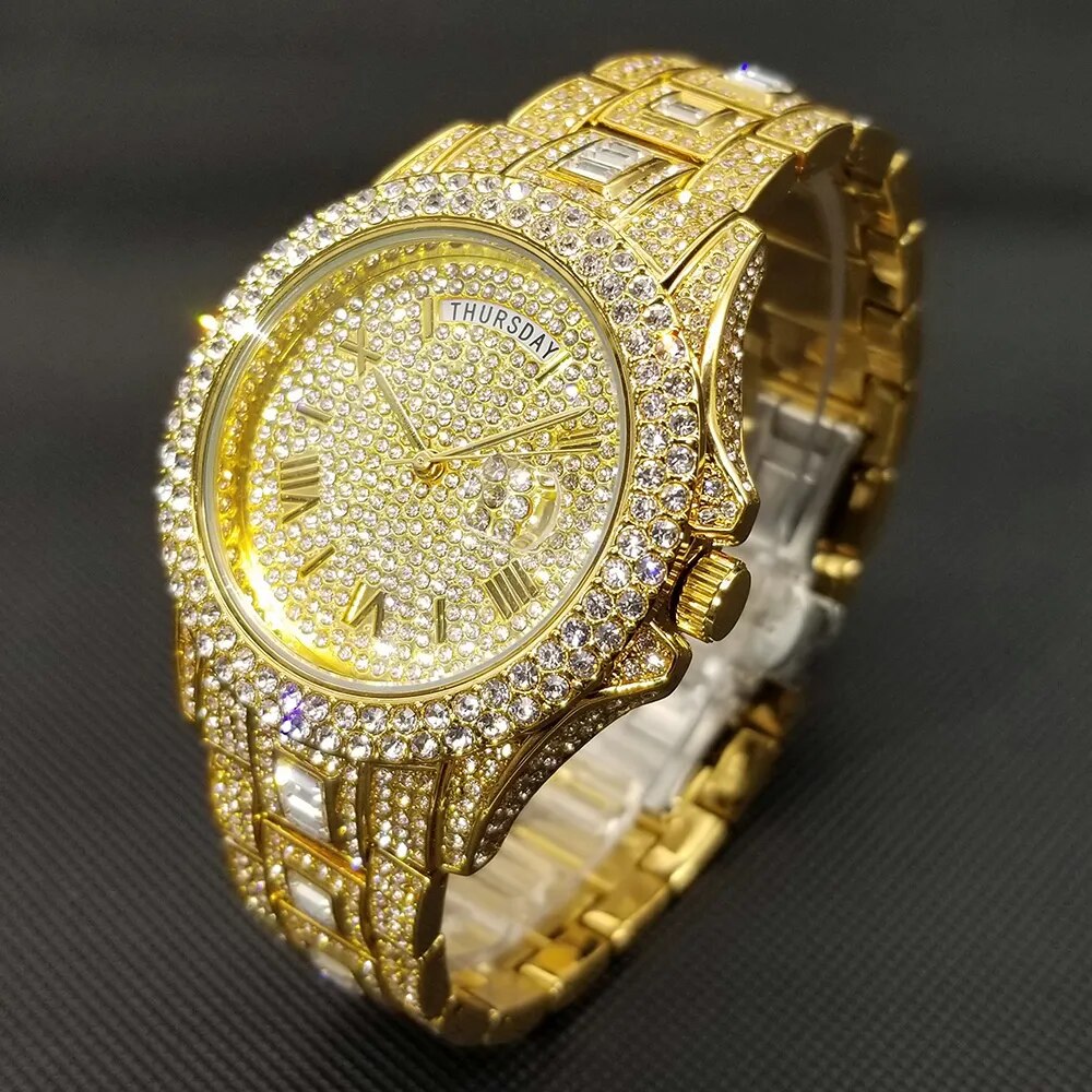 Iced Out Luxury Gold Full Diamond Hip Hop Waterproof Quartz Men's Watch