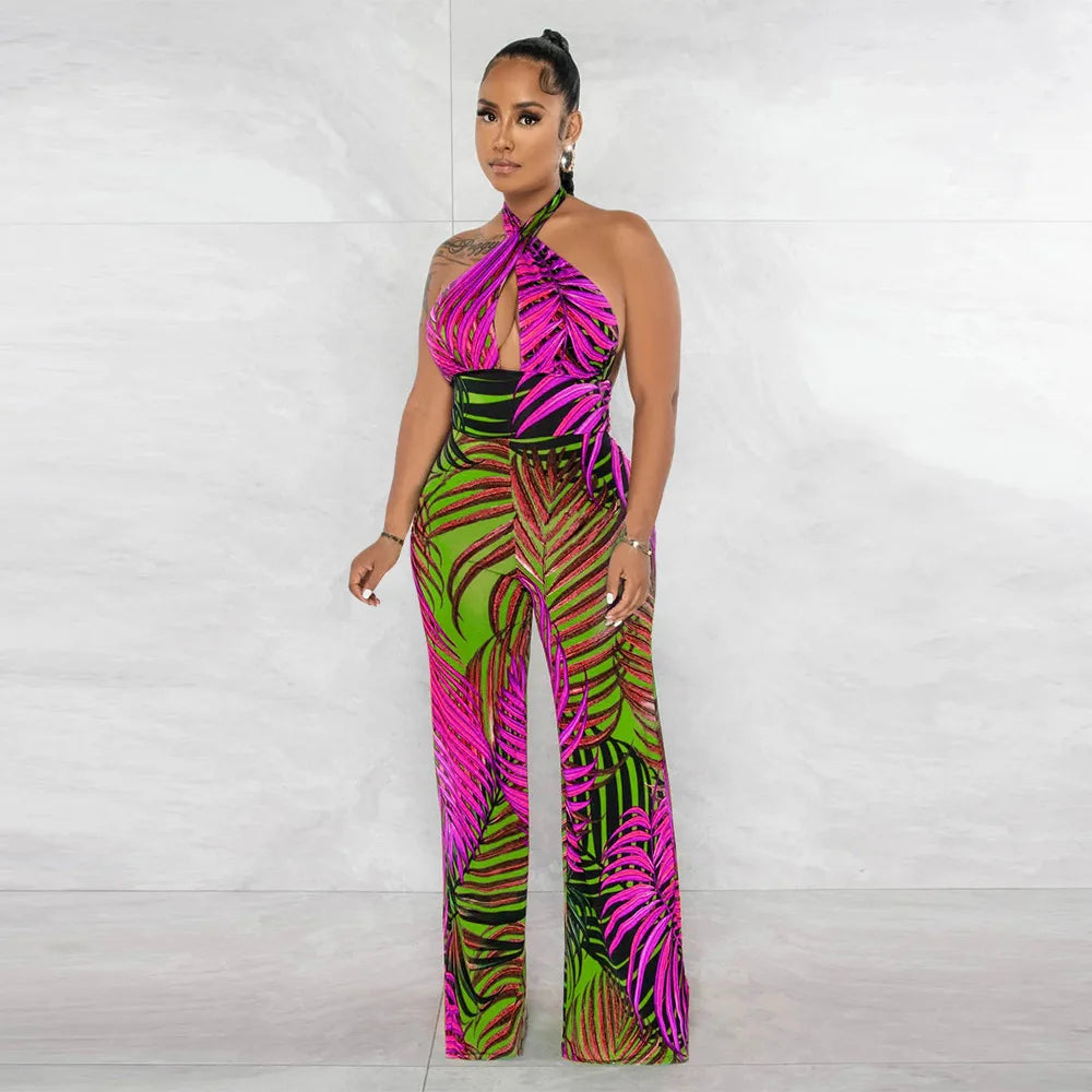 Tropical Print Hollow-Out Halter Strap Backless Sleeveless Jumpsuit