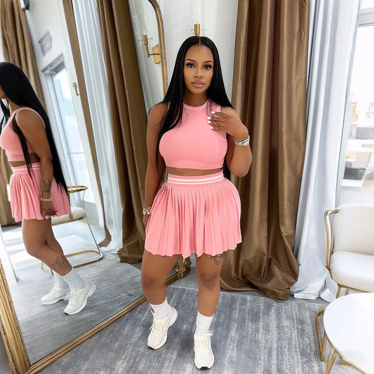 Sleeveless Solid Color O-Neck Crop Tank Top + Pleated Mini Tennis Skirt Women's Fitness 2-Piece Set